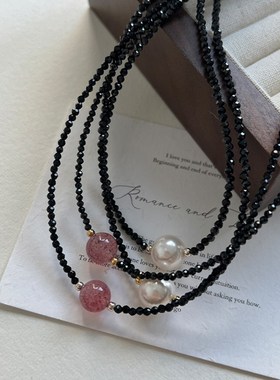 法国复古自然黑尖晶石人造珍珠项链为女性高端小众设计红色草莓水