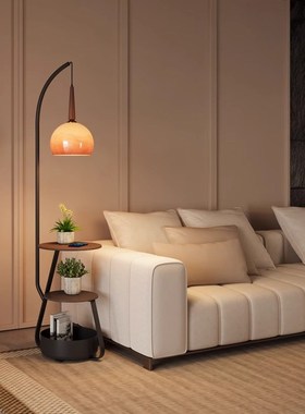 中古风落地灯客厅沙发旁氛围感置物架钓鱼灯卧室床头柜一体柚子灯