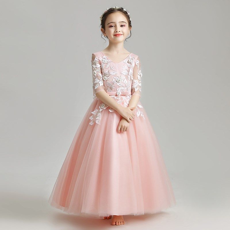 女童晚礼服公主裙儿童婚纱中袖蓬蓬纱小孩花童主持人绑带粉色秋冬