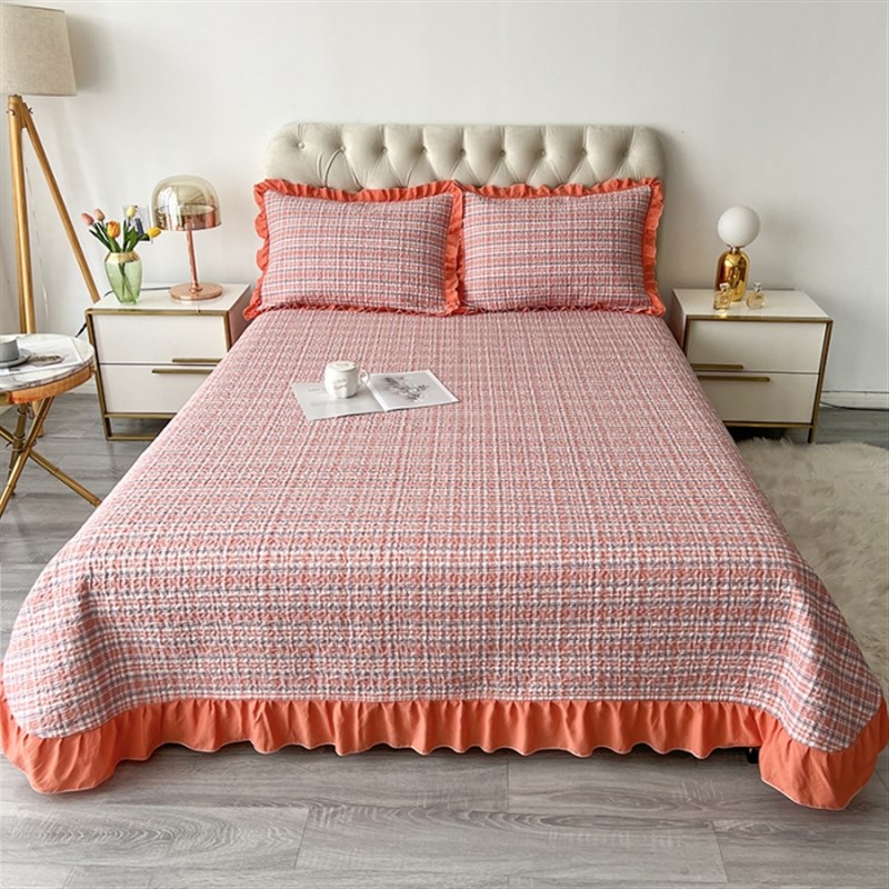 色织水洗棉床盖三件套加厚夹棉格子四件套全棉防滑床罩四季通用