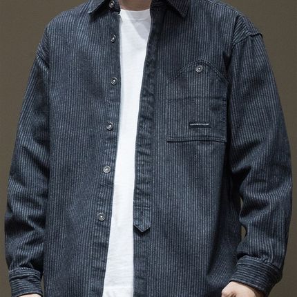 日系条纹提花牛仔长袖衬衫男2024年秋冬新款宽松大码加绒衬衣外套
