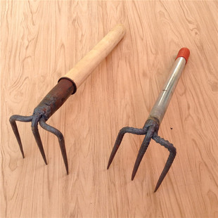 花生抓三齿铁耙耙子抓钩单手三齿耙刨地耙翻地松土耙木柄钉耙农具