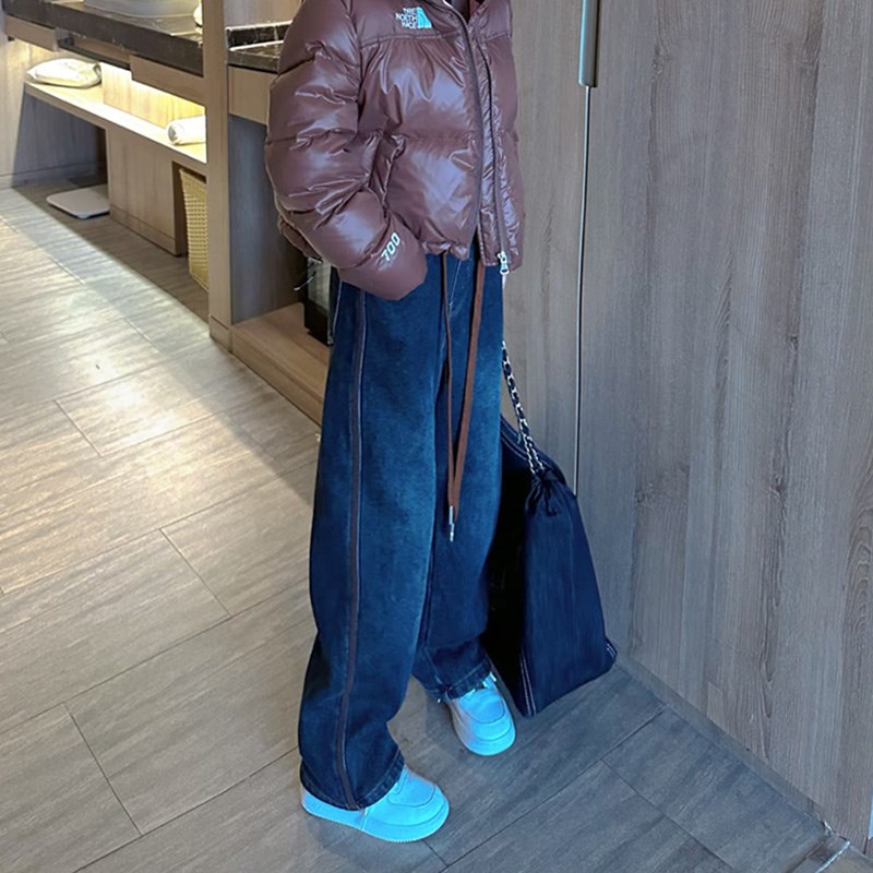 女童冬季加绒牛仔裤2023新款儿童拉条直筒裤女宽松一体绒长裤童装