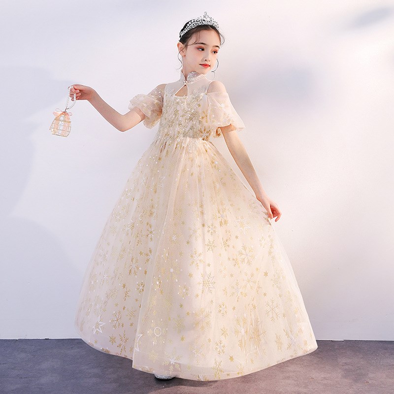 香槟色蓬蓬纱礼服儿童扬琴琵琶古筝弹奏女童演出服生日仙女公主裙