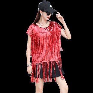闪闪亮片表演出服装女跳舞台蹦迪打鼓走秀主播舞蹈潮短袖流苏上衣