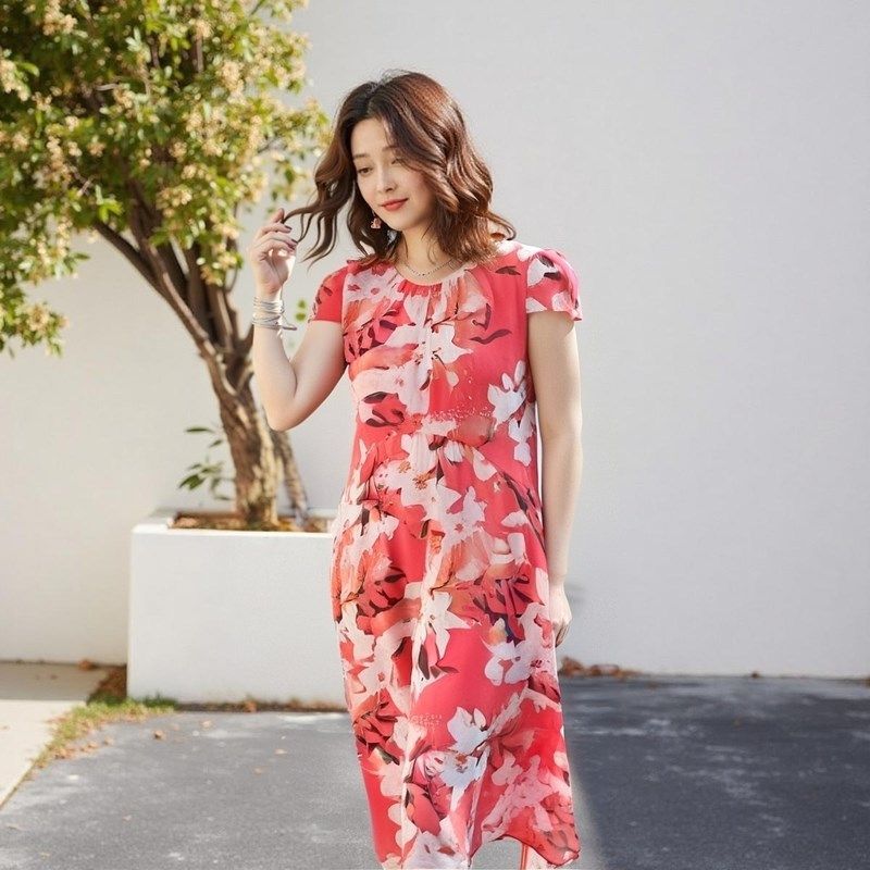 雪纺红色花印高腰连衣裙夏季胖mm女束腰吊带无袖背心长裙波西米亚