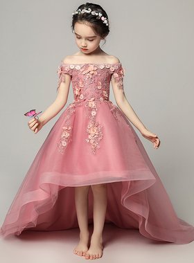 儿童晚礼服公主裙小主持人女童超长拖尾女孩模特走秀演出服洋气冬