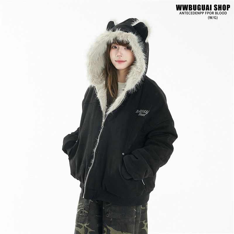 文文不乖国潮座山雕毛绒连帽棉服男女美式高级感加绒加厚棉衣外套,女装/女士精品,棉衣/棉服,淘宝优惠券,粉丝福利购,淘宝优惠卷