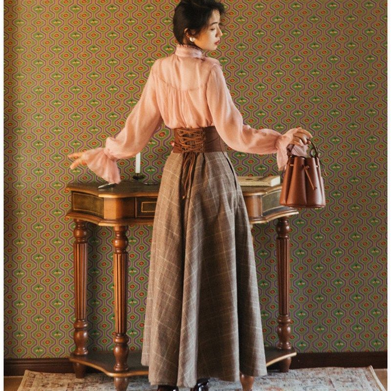 套装女格子毛呢半身裙2021秋冬新款气质荷叶边雪纺上衣复古两件套,女装/女士精品,时尚套装,淘宝优惠券,粉丝福利购,淘宝优惠卷