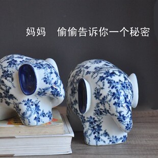 景德镇一对大象青花瓷母子象工艺品装饰家居新房陶瓷摆件北欧中式