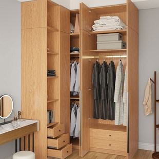 全实木定制橡木L型转角衣柜主卧小户型90度衣橱边柜墙角柜衣帽间