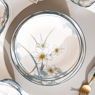 水仙花陶瓷大号鱼盘餐具小清新碗碟套装家用双耳高颜值装菜盘子