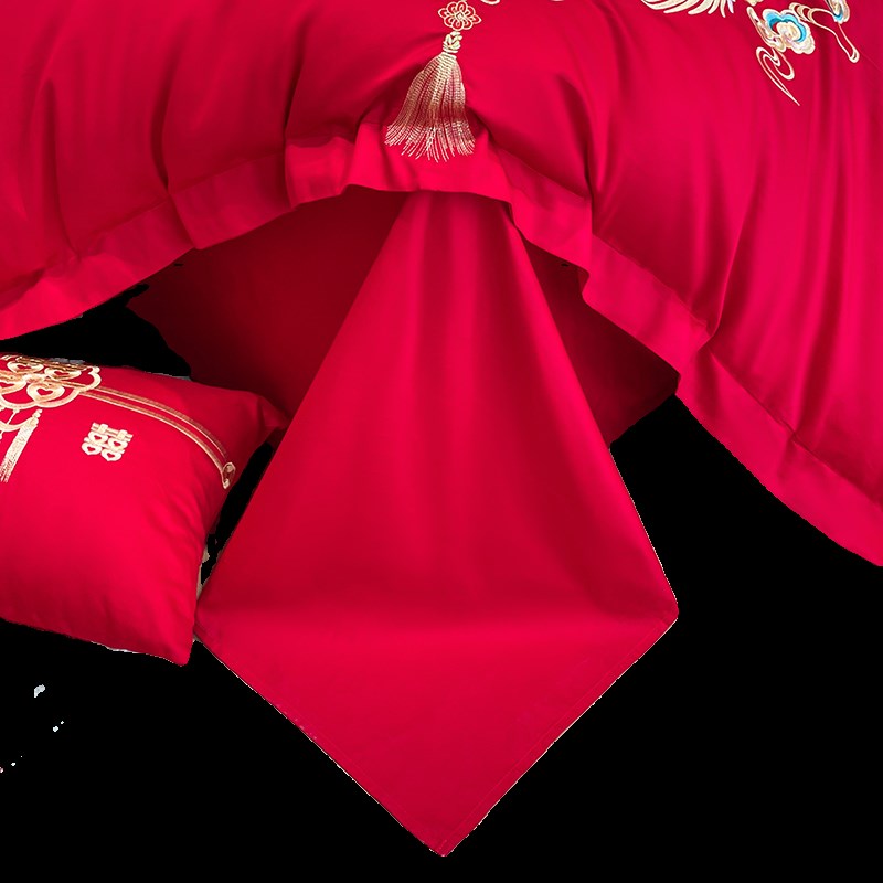 中式龙凤结婚四件套纯棉全棉大红被套床单六件套婚庆床上用品婚房