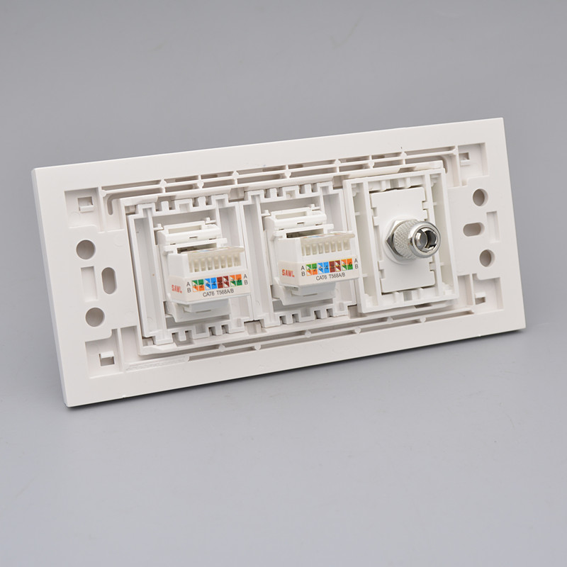118型三位双网线电视插座2个六类千兆七类万兆网络TV有线墙壁面板