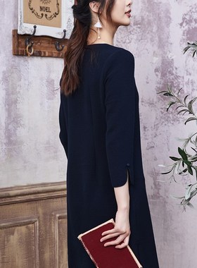 B Fu秋季新款蝴蝶流苏纽扣连衣裙女士宽松长袖简约小v领漂亮时尚