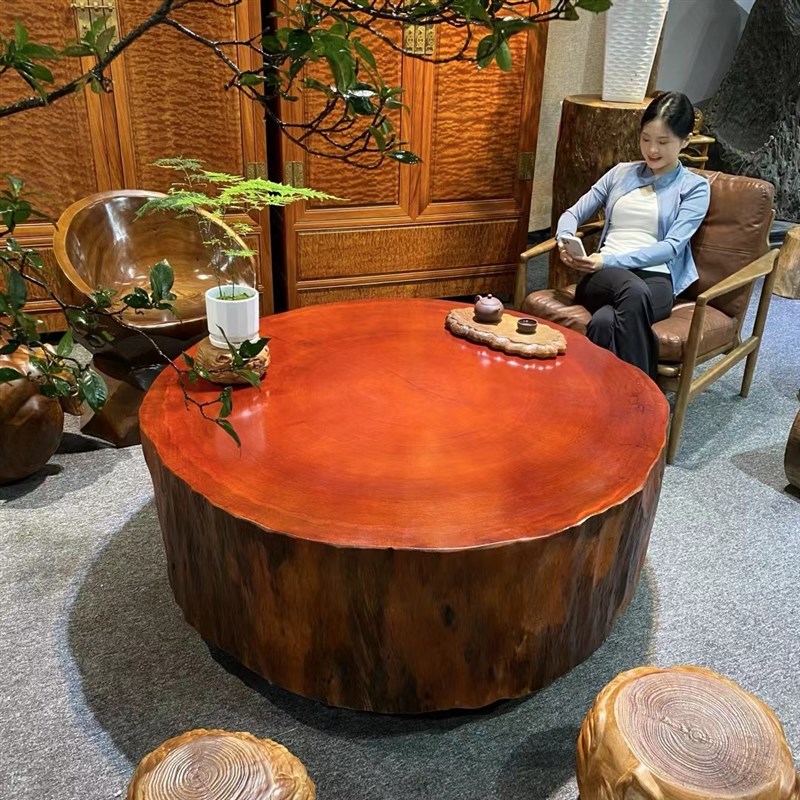 实木整块茶空间圆桌沙发几榻榻米原木平桌风化阳台茶桌烤火围炉