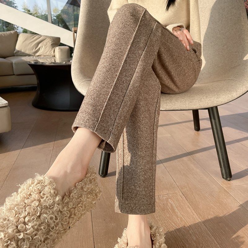 毛呢直筒西装裤女2023秋冬新款高腰宽松显瘦小个子加绒九分烟管裤