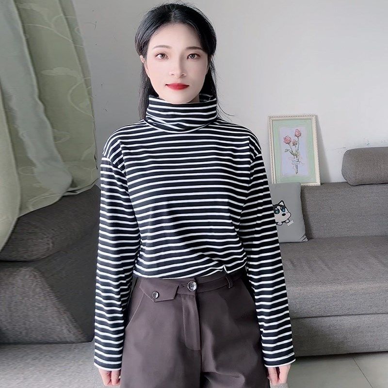 黑色条纹堆堆高领宽松纯棉长袖T恤打底衫2025新款女秋冬内搭上衣