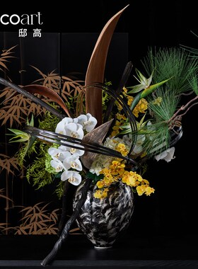中式茶空间深夜小茶馆氛围布置水墨银色陶瓷大花瓶插花装饰品摆件