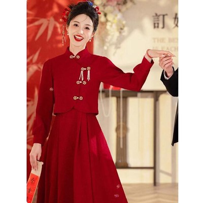 200斤大码中式旗袍敬酒服新娘回门连衣裙小个子订婚礼服秋冬便装