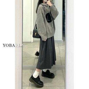 灰色毛呢百褶半身裙女春秋高腰大码胖mm显瘦遮肚子中长款a字裙子