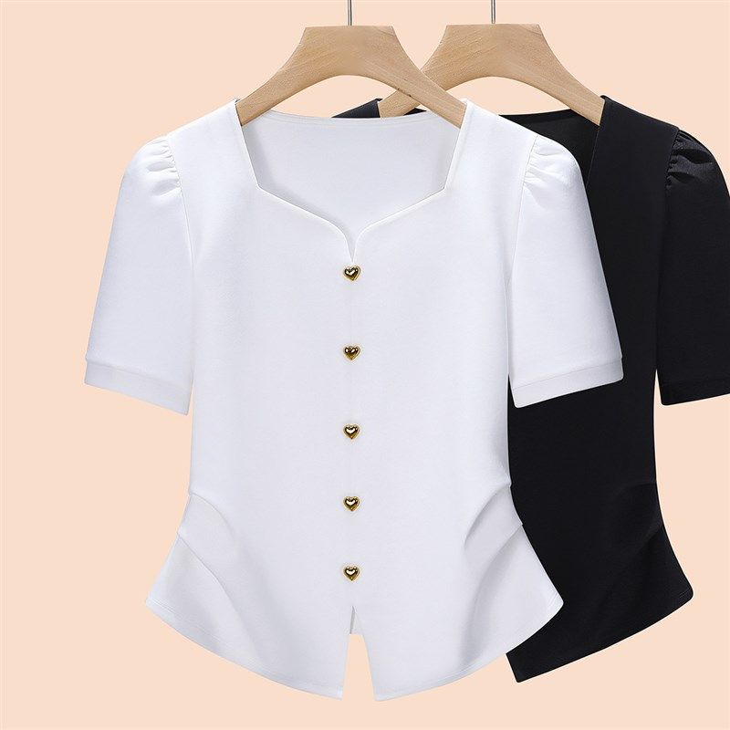 2024新款正肩短袖t恤女夏女装开叉下摆v领纯色体恤不规则领口上衣,女装/女士精品,T恤,淘宝优惠券,粉丝福利购,淘宝优惠卷