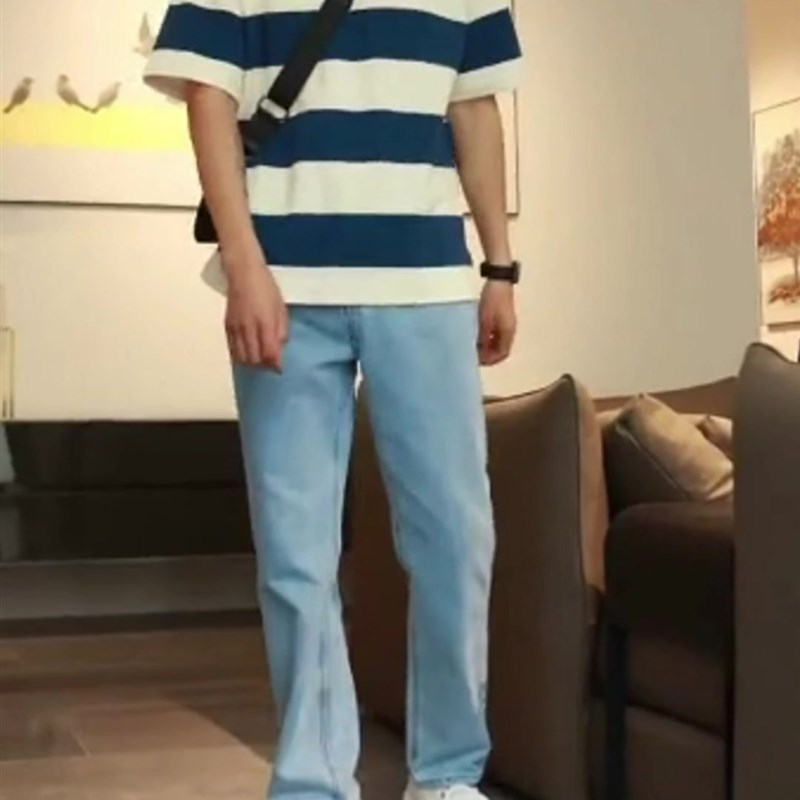ootd穿搭f浅色牛仔裤男百搭高个子加长直筒宽松休闲天蓝色牛仔裤