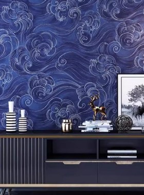 3D立体烫金壁纸紫色祥云t蓝色日式轻奢客厅卧室背景墙中式环保墙