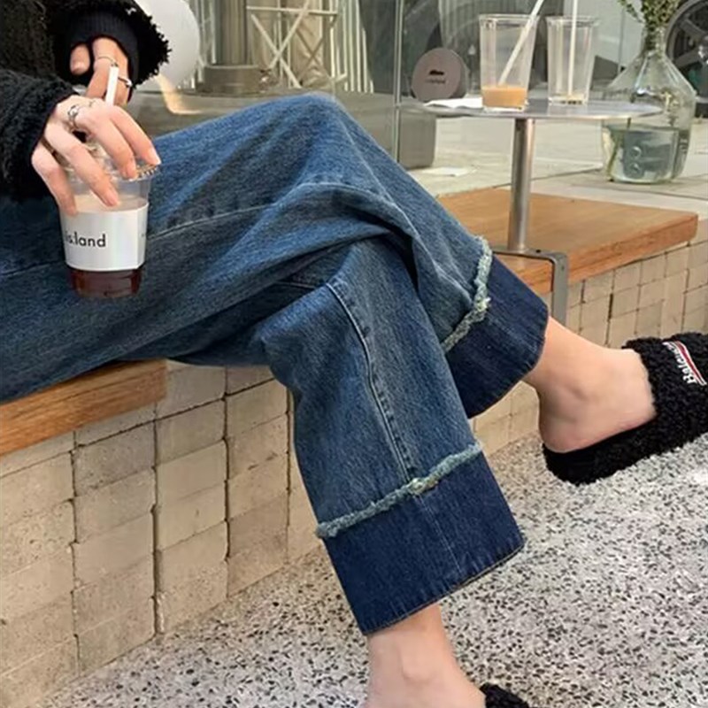 孕妇牛仔裤春秋外穿蓝色九分裤显瘦直筒翻边阔腿P2023新款春夏长