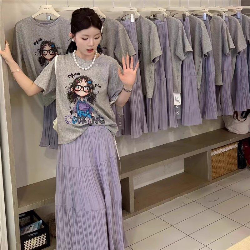 套装女2025夏季韩版卡通印花短袖T恤+紫色半身裙两件套,女装/女士精品,时尚套装,淘宝优惠券,粉丝福利购,淘宝优惠卷