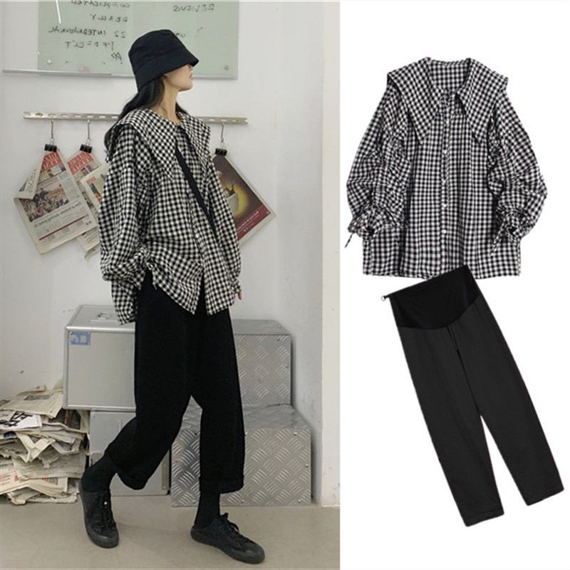 孕妇装春秋季套装格子娃娃衫中长C款潮妈外出长袖衬衫秋冬装两件