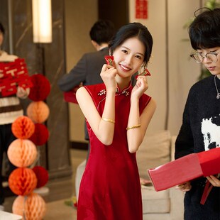 苏爱【良辰】新中式红色旗袍女订婚敬酒服新娘结婚礼服裙回门出阁