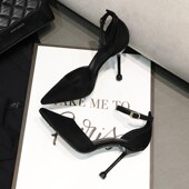 2024年新款 女网红尖头一字扣单 中空少B女细跟高跟鞋 春季 黑色法式