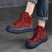 真皮厚底b休闲靴女2024秋冬新款 复古轻便软底平跟短靴运动风高帮
