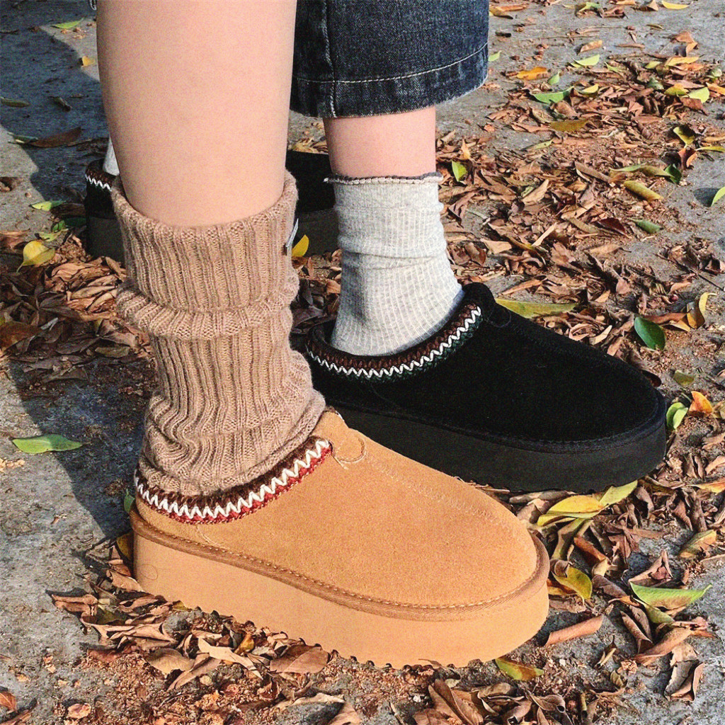 时尚休闲冬季真牛皮羊毛雪地靴女百搭增高厚底复古懒人外穿半拖鞋,女鞋,棉鞋,淘宝优惠券,粉丝福利购,淘宝优惠卷