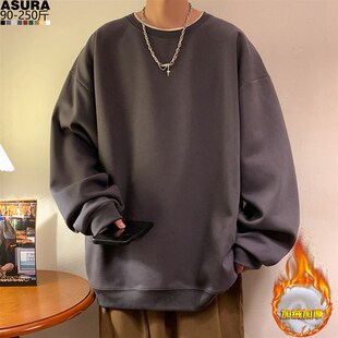 加绒厚重c磅百搭纯色卫衣男加肥大码潮胖宽松秋冬季装外套T恤休闲
