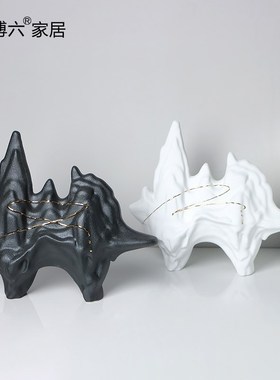 轻奢新中式陶瓷假山摆件别墅样板间客厅J玄关书房书架软装饰品摆