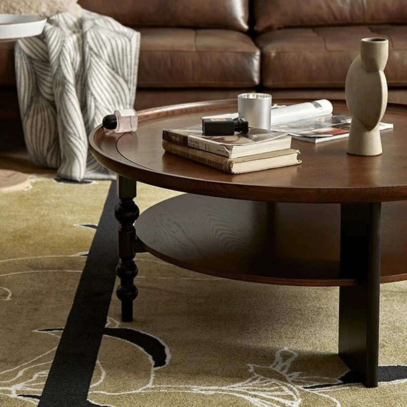 复古实木圆形茶几中古风茶桌高级感法式橡木茶台客厅家用小户型