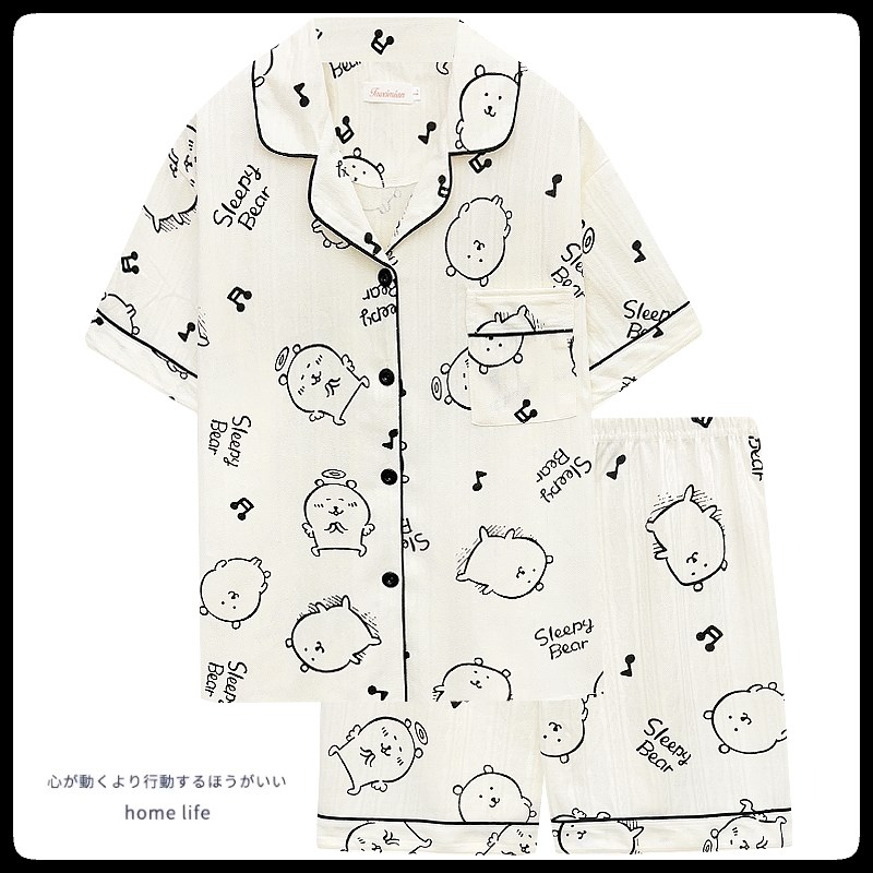 网红风自嘲熊睡衣女夏季新款纯棉短袖短裤两件套可爱卡通家居服薄