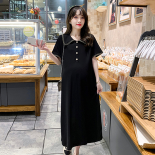 孕妇装夏天裙子中长款p时尚韩版翻领宽松T恤夏季短袖孕妇连衣裙女