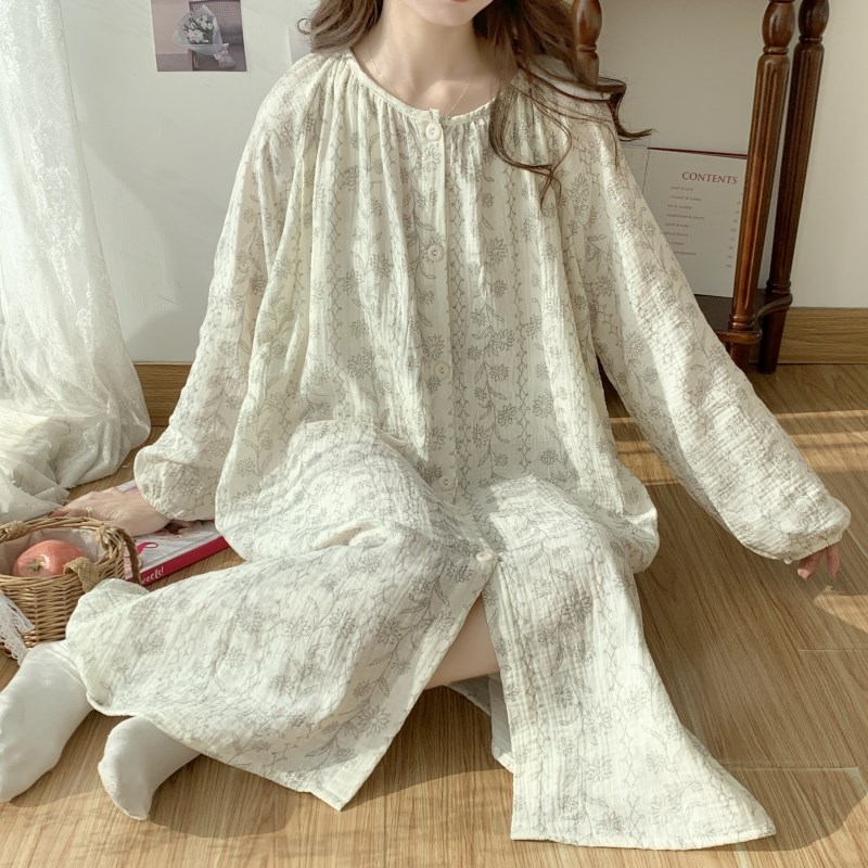 产妇待产裙d孕妇哺乳睡裙秋冬长袖纯棉纱布睡衣月子产后喂奶进产