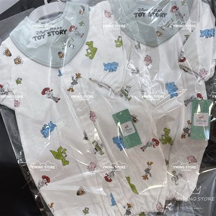 日单2件套卡通玩具总动员纯棉宝宝睡袋爬服两用连体衣 口水巾套装