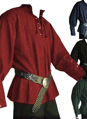 爆款中世纪文艺复兴男士表演服立领宽M松纯色长袖衬衫男。