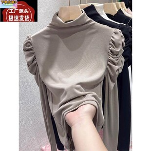 磨毛高领打底衫h女2024年秋季新款洋气加厚内搭褶皱泡泡袖t恤上衣