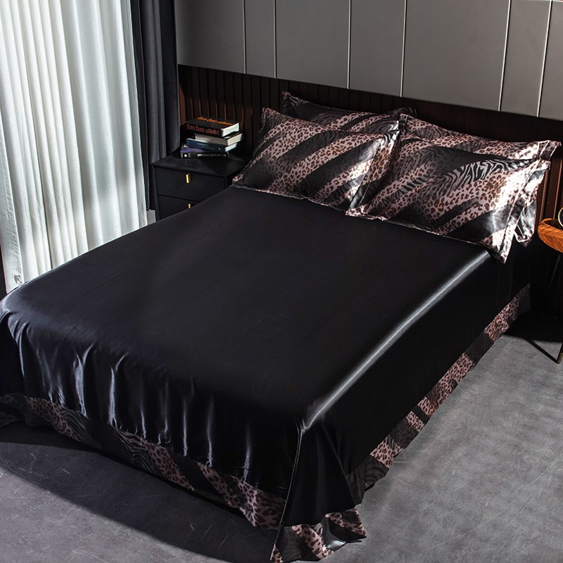 夏季黑色真丝床单单件豹纹裸睡丝B滑被单三件套耐脏亲肤冰丝凉被