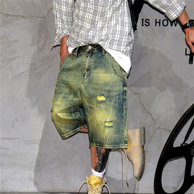 复古做旧黄泥染水洗破洞牛仔短裤男美式宽松直筒S五分裤休闲中裤