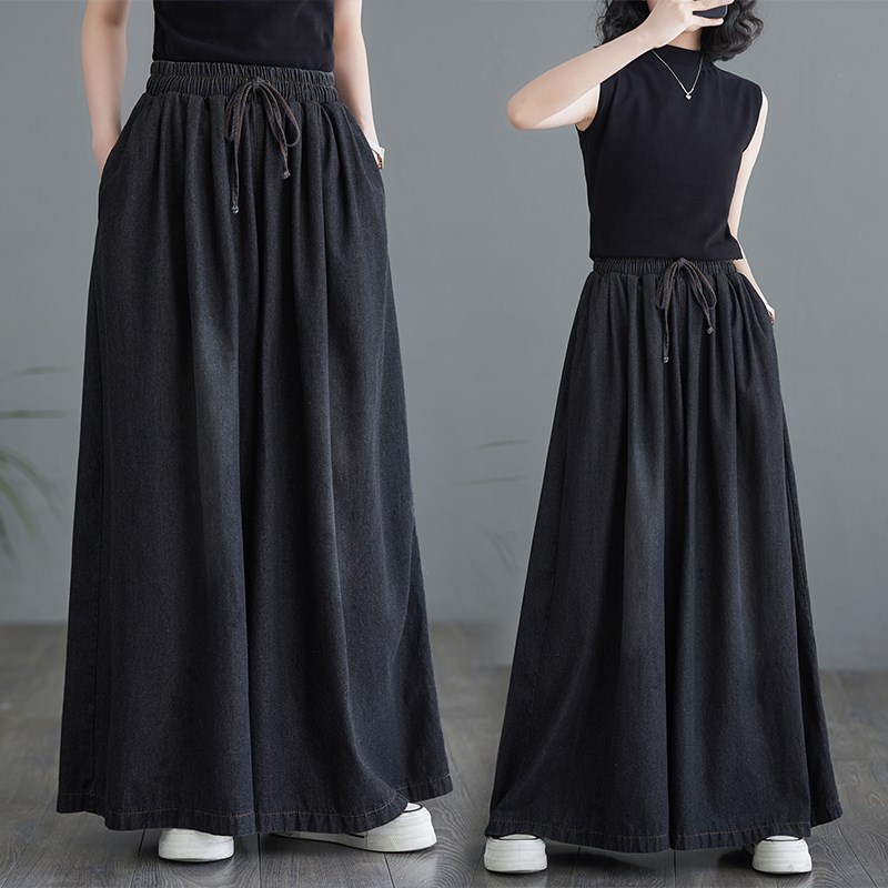 新款水洗牛仔裤阔腿裤 复古宽松大码松I紧腰系带裤裙潮好质量深色