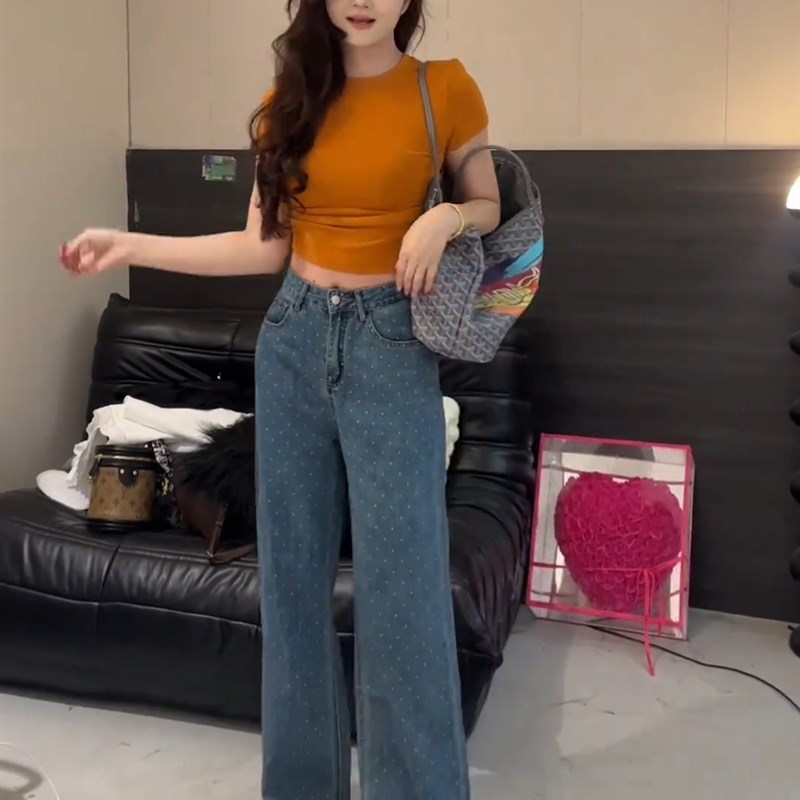 波点软牛仔直筒裤女2024v新款夏季薄款纯棉女裤休闲裤子窄版阔腿