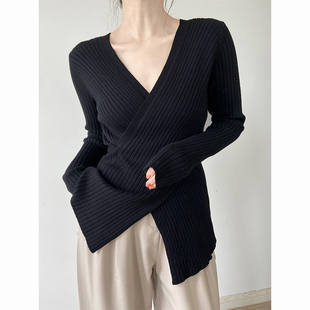 打底衫 孕妇装 春秋款 设计感上衣长袖 高弹交叉V领针织毛衣t恤女 修身