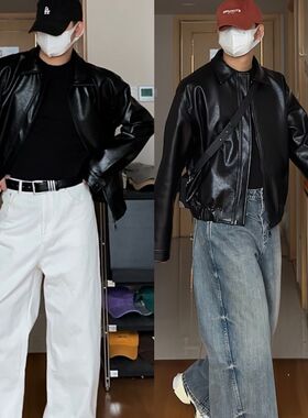 方人也屹秋冬h复古韩版皮衣男短款高腰宽松翻领PU皮夹克外套